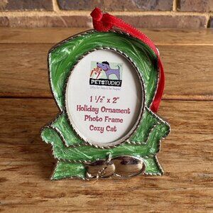 Holiday Ornament Photo Frame Cozy Cat 1 1/2” X 2” PetStudio Green Silver Tone